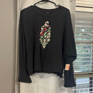 FP Movement by Free People Black Long Sleeve Tee with Colorful Feather Design